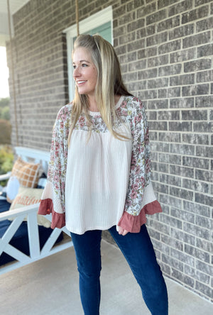 Girly In Floral Waffle Knit Top
