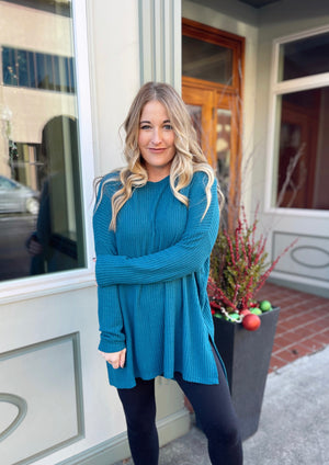 Gather Around Teal Waffle Knit Top