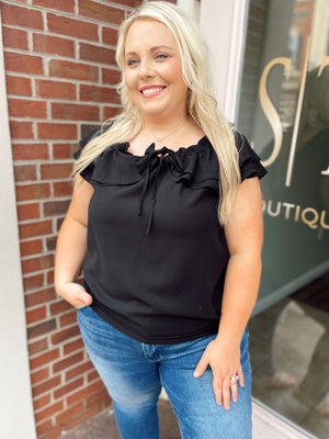 Lets Go Downtown Black Ruffle Curvy Top