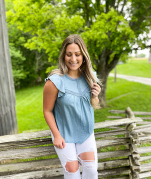 Chambray Embroidered Bright Skies Top